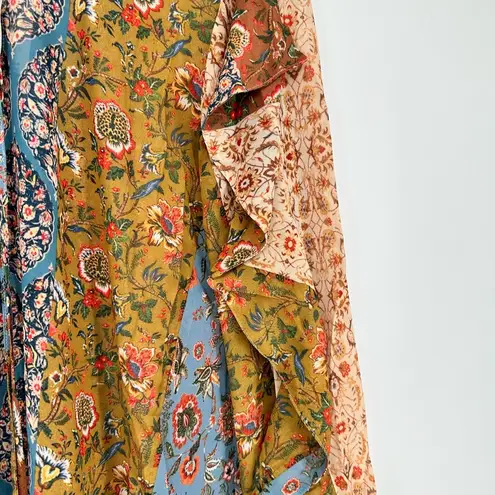 Sachin + Babi Anthro Boho Mixed Print Ruffle Trim Blouse Ties Tassels size XS