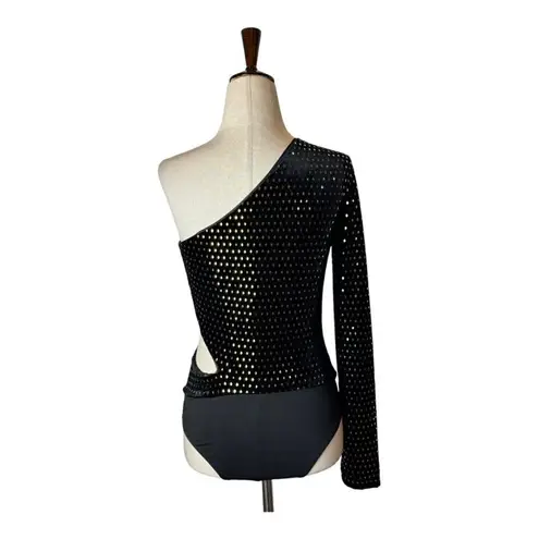 H:ours Black And Gold Sequins Velvet One Shoulder Karly Bodysuit Size S