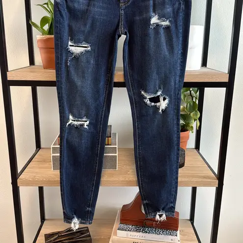 Silver Jeans Silver Elyse Skinny Mid-Rise Factory Distressed Dark Wash Ankle Jeans, 27