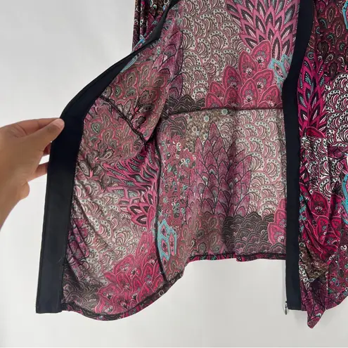 Marc Bouwer Pink Blue Paisley Feather Patterned Zip Front Dolman V