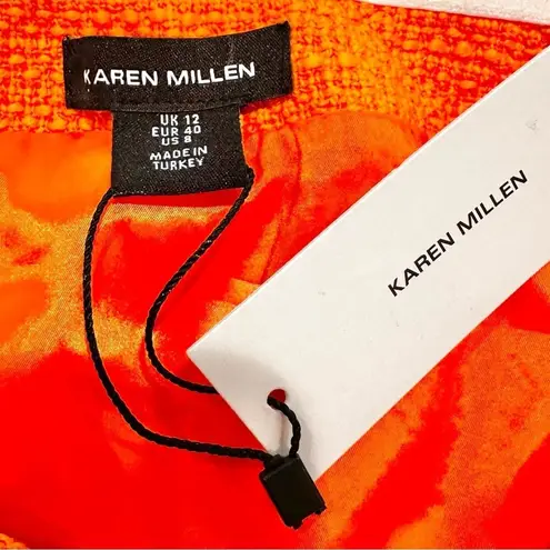 Karen Millen Boucle Feather Hem Pencil Dress Womens 8 Orange Glam Party Feminine