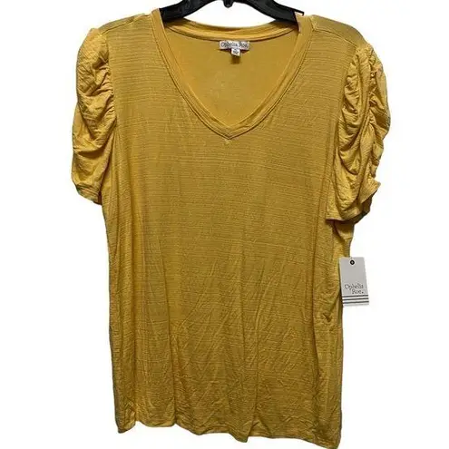 Ophelia Roe V-Neck Top Blouse Women’s Size XL Mustard Yellow Puff Sleeve