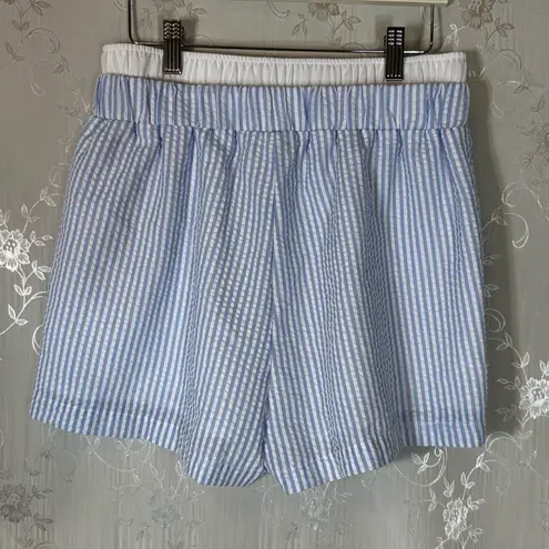 Exlura Blue and White Stripe High Waisted Boxer Shorts Size Small