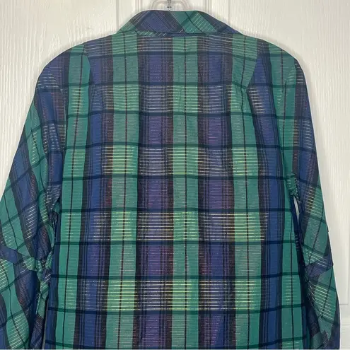 Foxcroft Green Blue Black Gold Plaid Vneck Blouse Sz S Long Sleeve