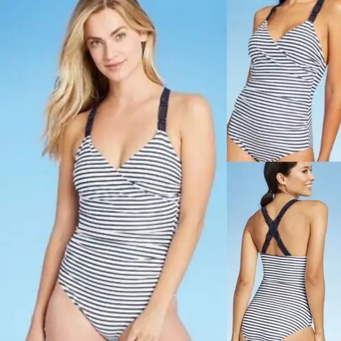 Kona Sol Shirred Macrame Strap Striped One Piece Swimsuit, Blue White XL NWOT