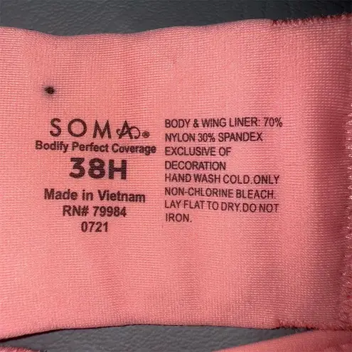 Soma Bodify Perfect Coverage T-Shirt Bra 38H Pink Adjustable Straps