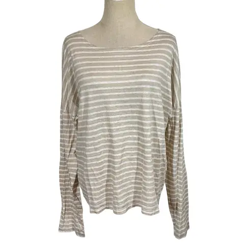 Saint James x Jenni Kayne Rue Drop Shoulder Linen Long Sleeve Tee Oatmeal Stripe Tan Size L