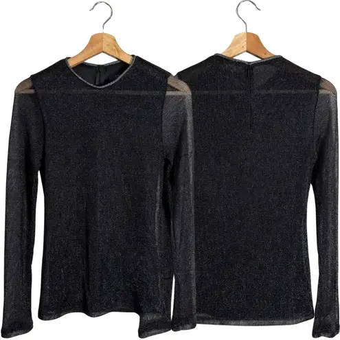 All Saints Nora Sparkle Long Sleeve Sheer Knit Top Women 4 Black Jewel Neck NWOT