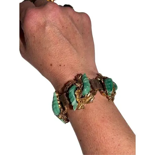 True Vtg 1960s Green & Gold Fold Over Clasp Women’s Designer Costume Bracelet