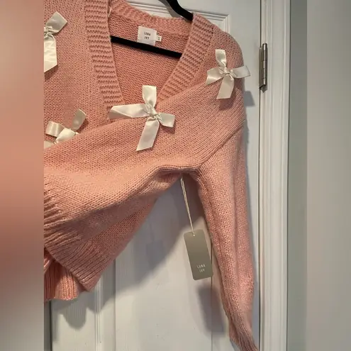 NWT Luna Ivy Anthropologie Size XS Pink Knit Cardigan Appliqué Ivory Satin Bows White