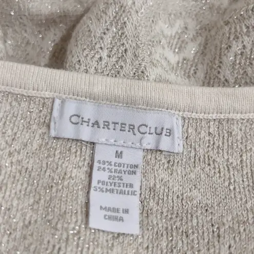 Charter Club Womens Cream and Metallic Silver Brocade Long Sleeve Sweater Size M