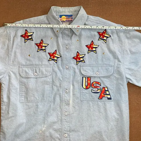 American Vintage Cricket of the Creek Womens short sleeve denim button up Embroidered Stars VTG M