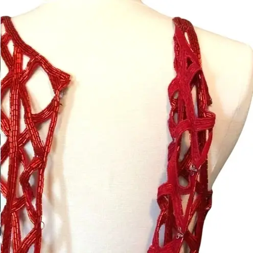 Andretta Donatello Red Gown XS Slit Mesh Beaded Detail Drama Glam Prom Pageant