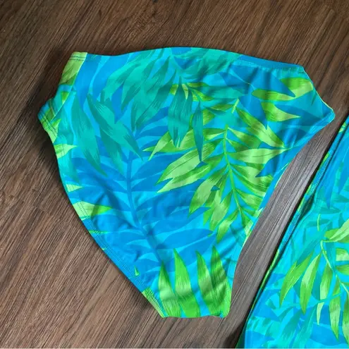 Vtg Y2K Tankini Swim Set Sz 12 Neon Abstract Palm Print High Rise Blue