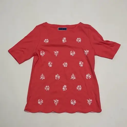 Karen Scott Women's Floral Scalloped Hem Top Coral Small Scoop Neck Tee Pink