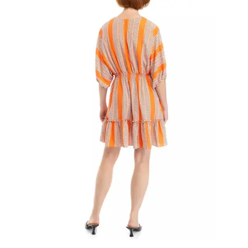 Taylor Stripe Print Orange Fit and Flare Dress Elbow Sleeve V