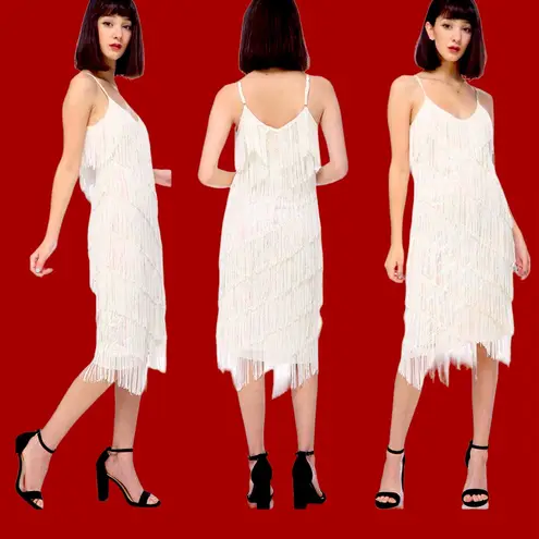 π 1920s Sequin and Fringe Flapper Party Mini Dress White Size XL
