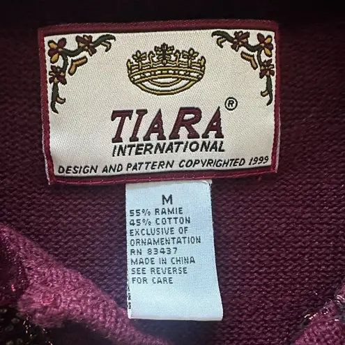 Vintage Beaded Sweater Size M Velour Collar Burgundy Wine Red Tiara Size M