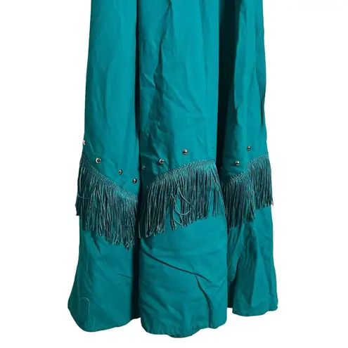 Vintage Teal Blue Western Boho Fringed Studded Long Sleeve Maxi Shirt Dress M Size M