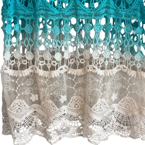 Womens Boho Open Knit Crochet Tank Top Sz L Lace Beach Resort Festival Coachella Blue Size L