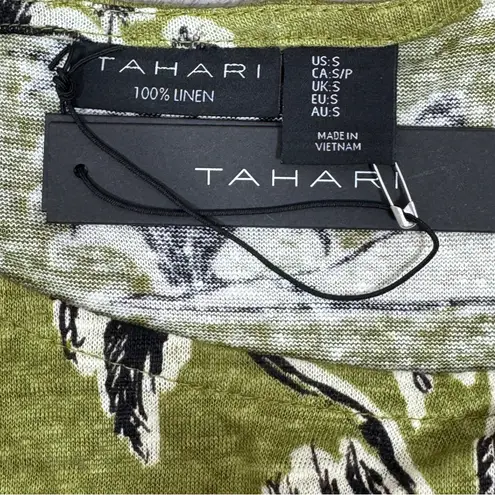 Tahari Tropical Island Print Linen Knit Cap Sleeve Tee Shirt Olive Green Small