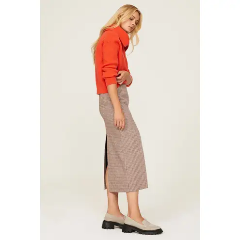 Maje Jaisa Brown Houndstooth Wool Blend Front Slit Midi Skirt Size Small