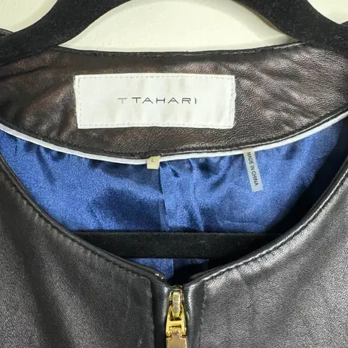 T Tahari Black Leather Collarless Zip Front Jacket Women's Size L