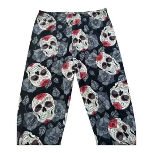 Women Black Gothic Rose & Skull Print Leggings Plus Size 3X