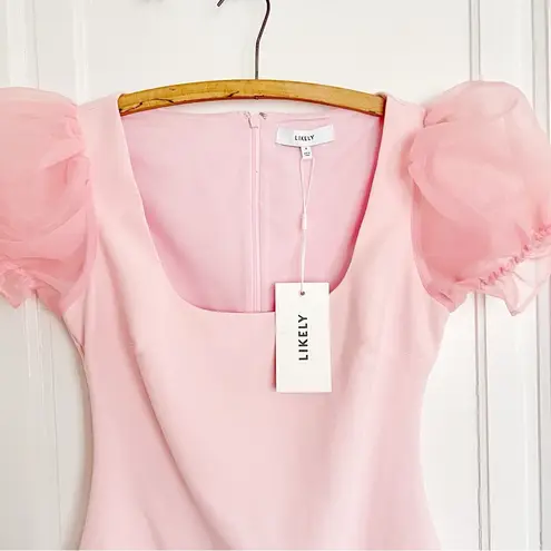 Likely • Ari Dress mini sheer puff sleeve Rose Shadow pink fitted scoop neck