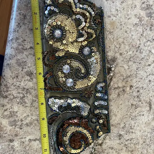 Sequin Beaded Clutch Handbag Kiss Lock Satin Convertible Byzantine Chain Silver thumbnail 6