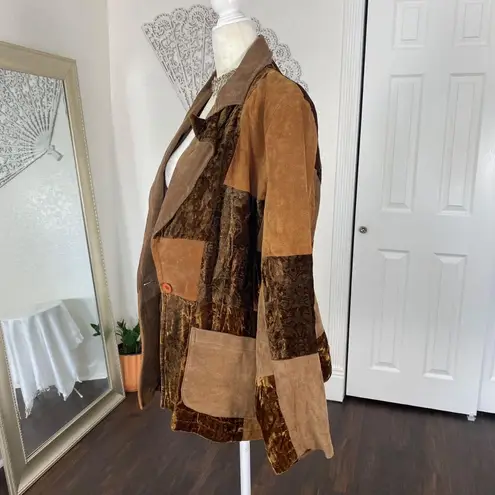 Early 2000's Brown Tan Orange Paisley Patchwork Suede Leather Blazer Jacket L Size L