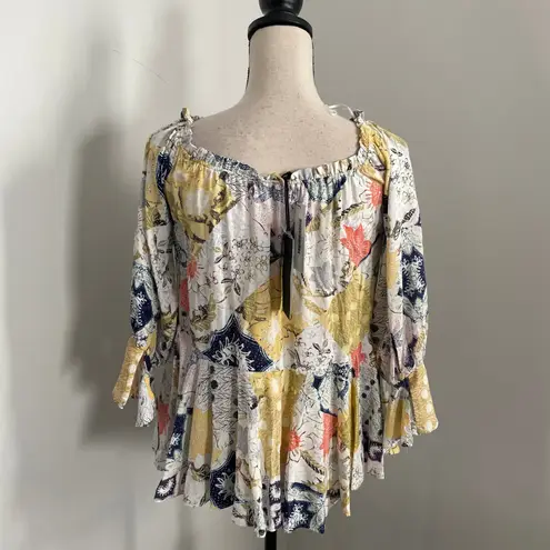Dear John Pleated Boho Blouse Small Patchwork Off Shoulder Peasant Floral Hippie
