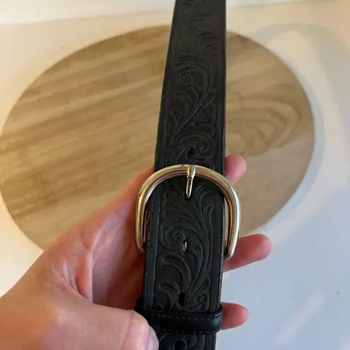 Silver Creek USA Made Floral Tooled Black Genuine Leather Silver Belt Size Large