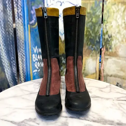 John Fluevog Encourage Kathryn Leather Tall Boots Black Burgundy Yellow 8 GUC