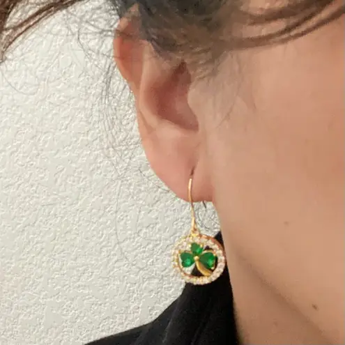 Goldplated CZ Emerald Green Crystal Glass Shamrock Lucky Clover Leaf Earrings