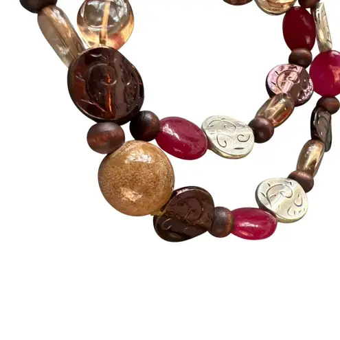 Set of 2 Multi Color Glass Beaded Stretch Bracelets Ceramic Red Brown Copper