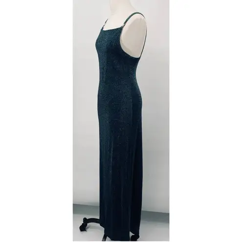 Vintage 90s All That Jazz Sparkle Maxi Dress Gown Slinky Low Back Metallic Teal Green Size XS