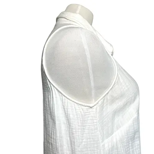 Monrow Gauze Cotton Henley Halter Collared Button Sleeveless Dress White Small