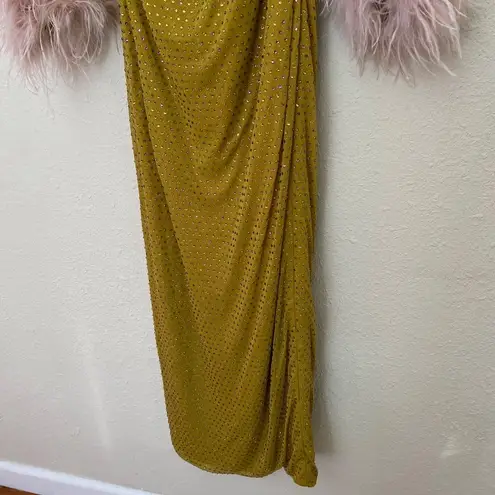 House Of CB  'Gina' Feathered Chartreuse Crystallised Maxi Dress NWOT size Large