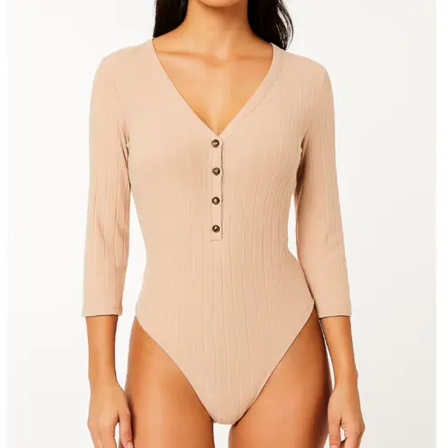 GILLI Ribbed Cream V Neck Button Down 3/4 Sleeve Bodysuit Size Large