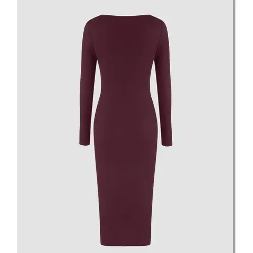 Cider Solid Square Neck Long Sleeve Ribbed Midi Dress in Wine Size XL