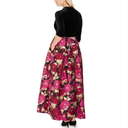 Eliza J Velvet Bodice Jacquard Ballgown Black Gold Burgundy 4