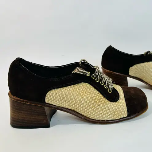 60s/70s Joseph Larose Mod Patchwork Oxfords, Suede/Tweed, Wooden Platform Heels Brown Size 5.5