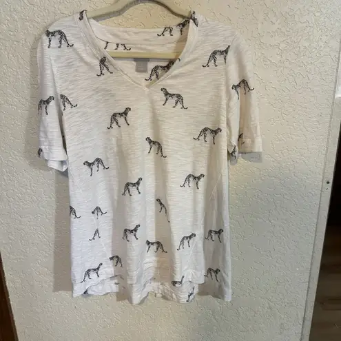 Chico's  Size 1 M White Cheetah Print V Neck Short Sleeve T Shirt Top