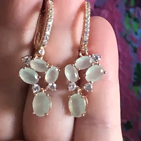 Exquisite light sage green cubic zirconia rose gold dangle earrings NIB