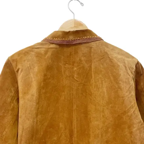 Christopher & Banks Cognac Suede Leather Jacket Size XL Zip Front Crochet Trim