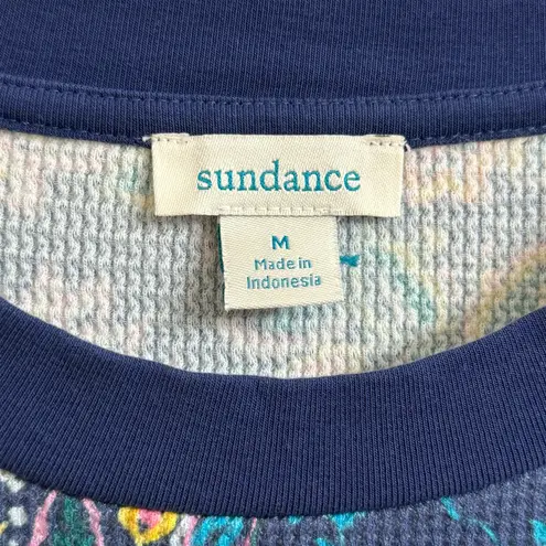 Sundance Sz M Blue Floral Waffle Knit Thermal Button Cuff Velvet Long Sleeve Top Size M