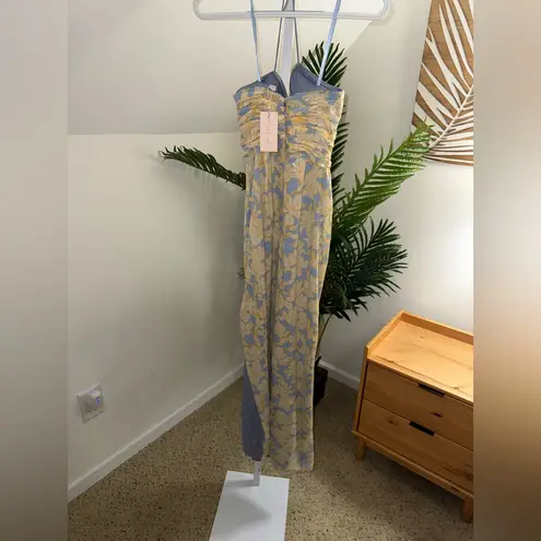 Hutch Tylia Beauden Ruched Side-Slit Sequin Maxi Dress Sky Floral 0 NWT