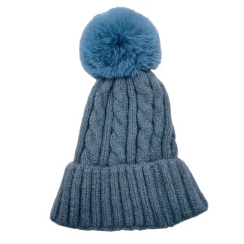 ILLUMA Women’s Blue Cuffed Cable Stitch Faux Fur Pom Pom Beanie Hat NWT