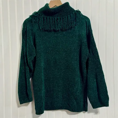 Yarnworks Vintage Emerald Green Chenille Fringe Turtleneck Sweater Small Boho